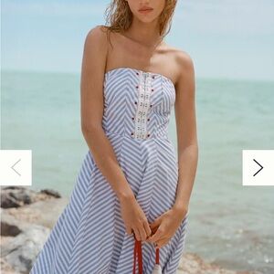 Maeve Blue and White Strapless Midi Dress